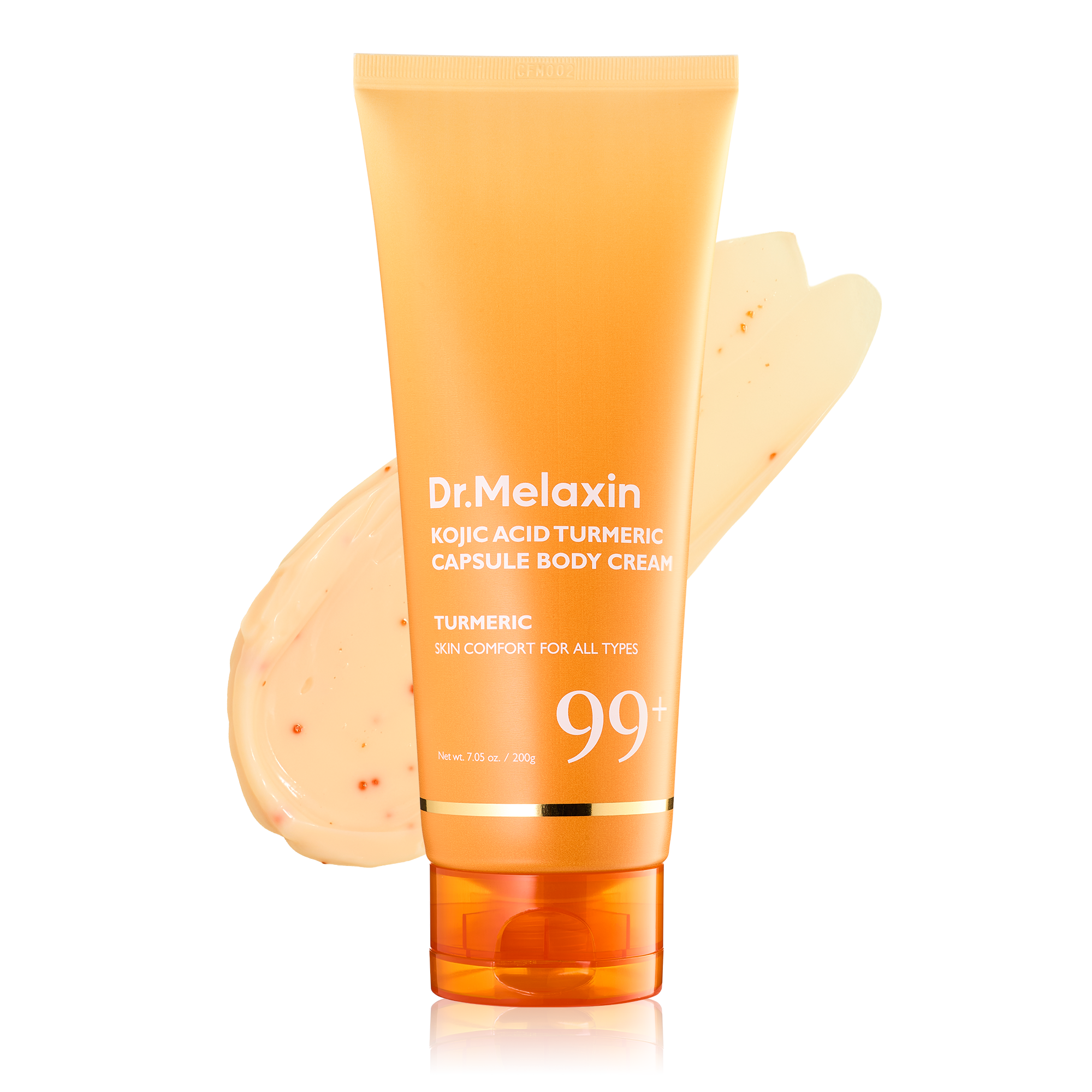 Dr.Melaxin Kojic Acid Turmeric Capsule Body Cream 200g tube with cream swatch